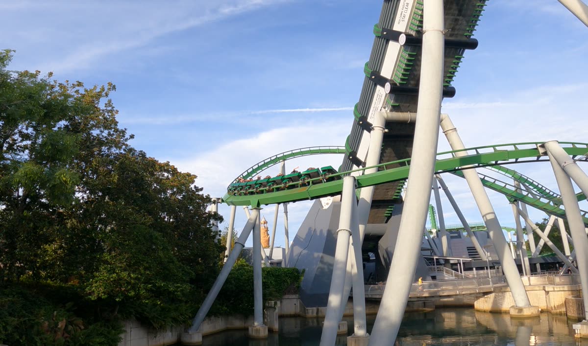 The Incredible Hulk Coaster's green steel track towering over Marvel Super Hero Island