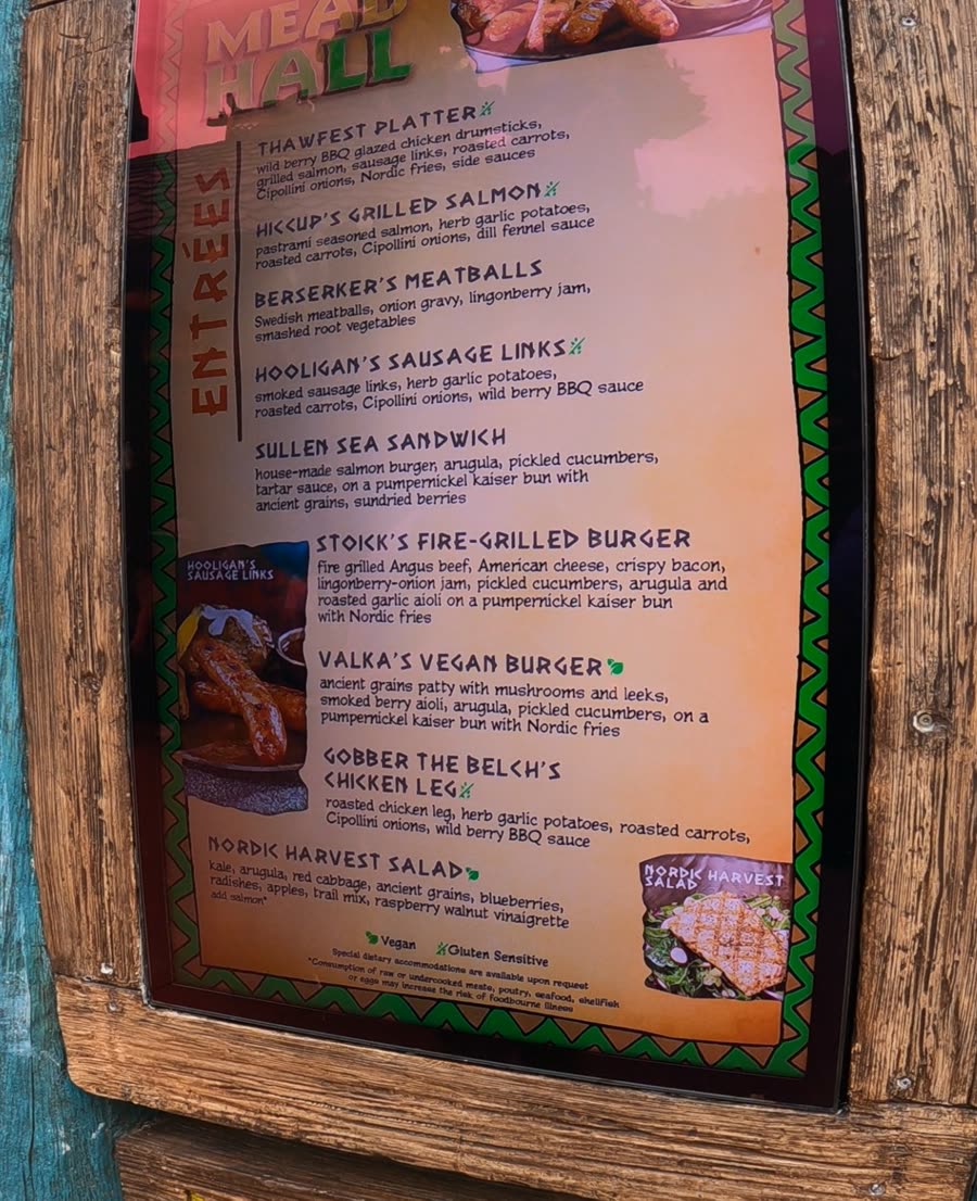 Mead Hall entrées menu board at Epic Universe