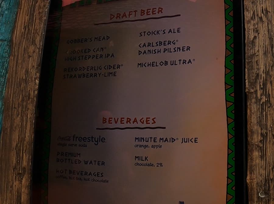 Mead Hall draft beer and beverages menu board at Epic Universe