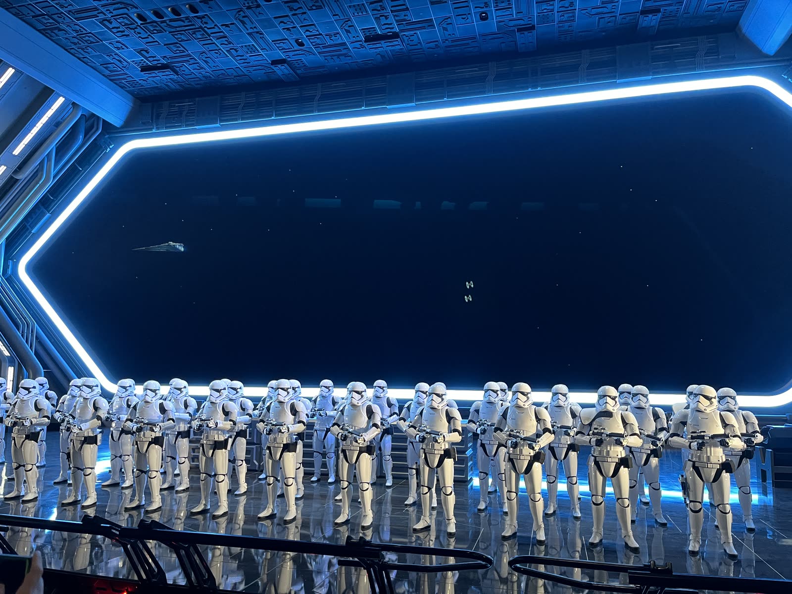 First Order stormtroopers lined up in the hangar bay scene of Star Wars: Rise of the Resistance