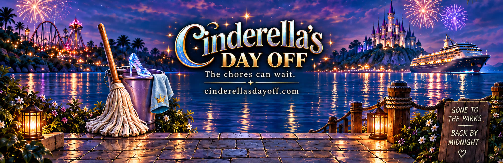 Cinderella's Day Off — a mop, bucket and glass slipper beside a clock on a moonlit dock, with a castle, fireworks and a cruise ship across the water