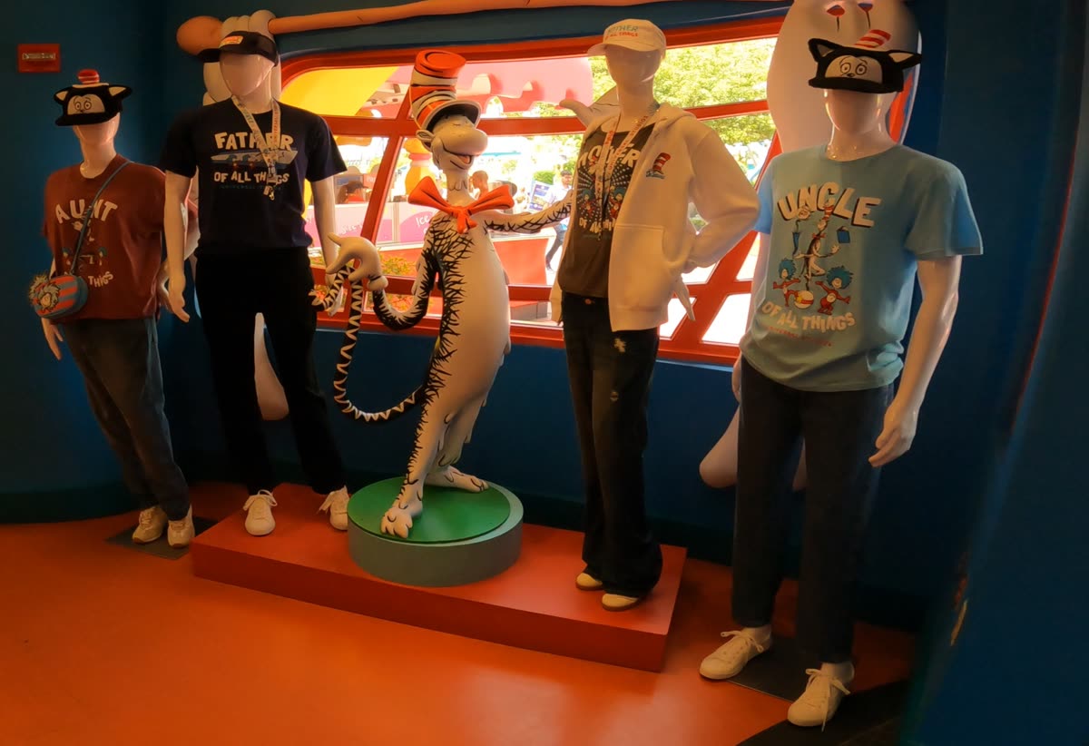 Cat in the Hat merchandise display with the 'of All Things' apparel line in Seuss Landing at Universal
